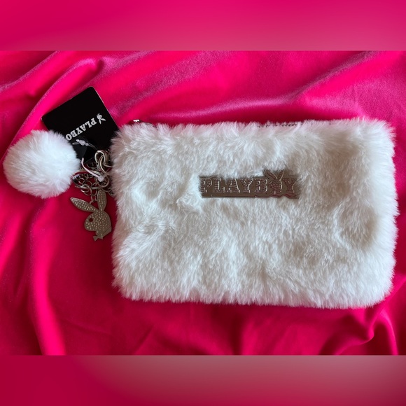 Playboy x Spencer’s fuzzy zipper pouch/clutch w. pom Pom - Picture 4 of 11